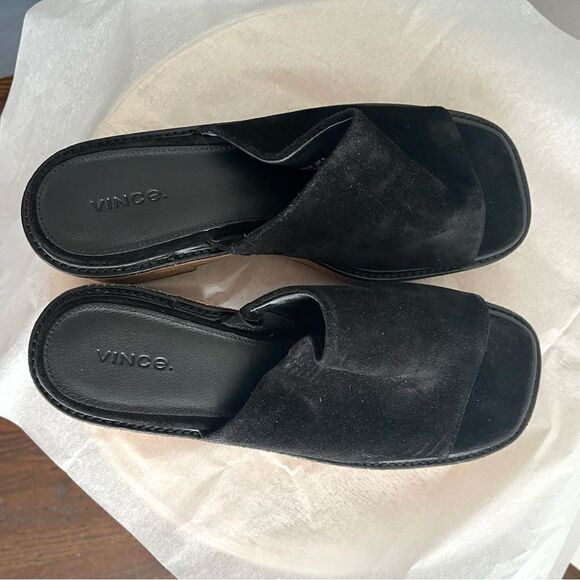 Vince Maddy Black Suede Mules Slides Block Heel Platform Sandals Sz 9.5 M NWOB - Picture 4 of 10